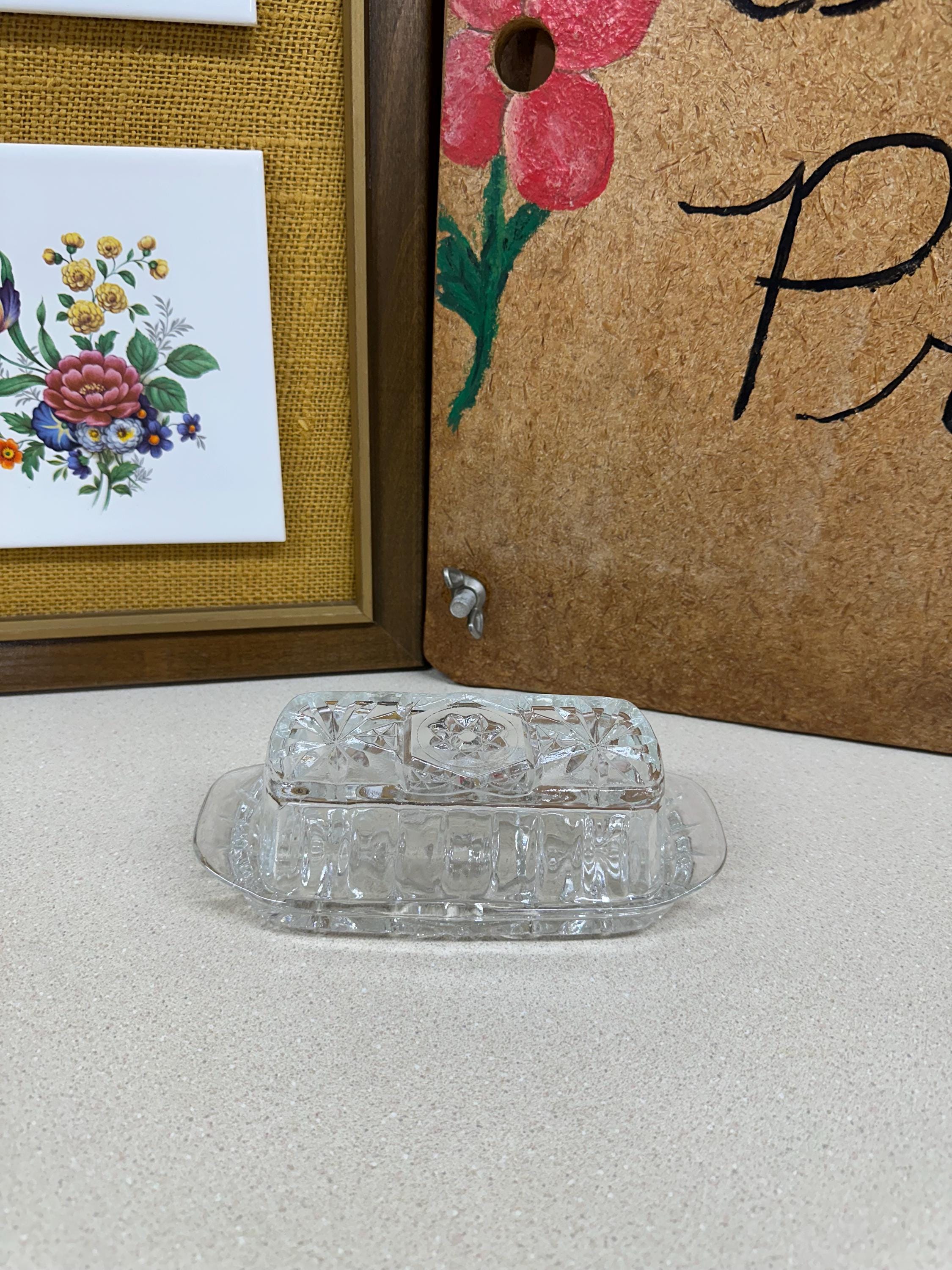 Vintage Butter Dish Clear Glass Cut Glass Star of David Pattern