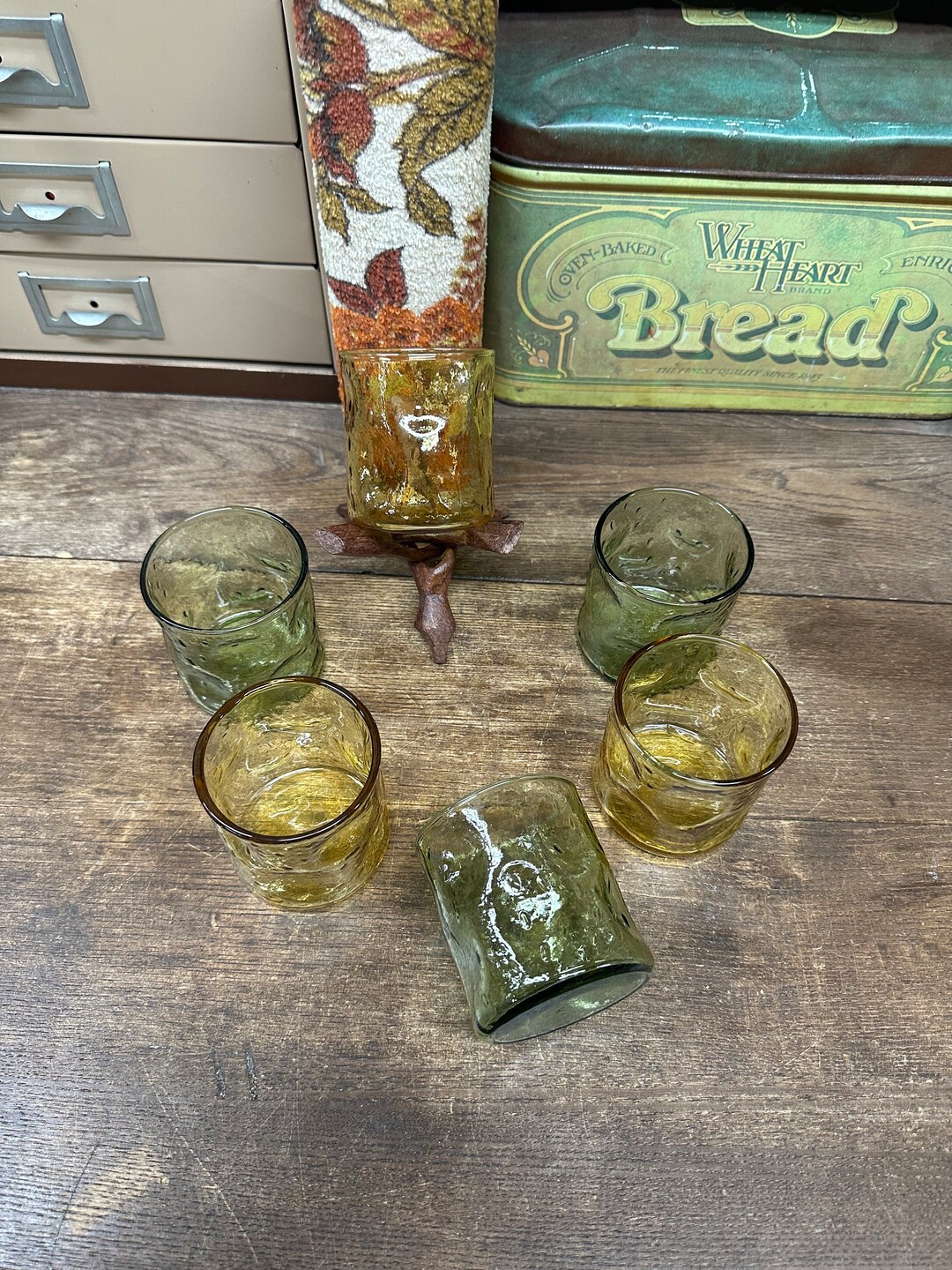 Vintage Amber Glass Avocado Green Glass Juice Glasses Small Tumblers