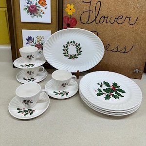 Vintage Christmas Dishes Holly Berries Plates Cups & Saucers Platter Red Green White Farmhouse Decor SCIO Potteries Your Choice