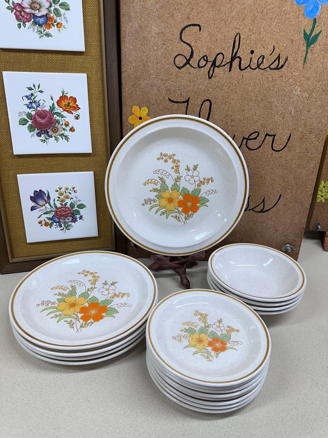 Vintage Japan Stoneware Plates: Orange Floral Dinnerware, JC