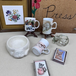 Vintage Cat Lover Gift Set Coffee Cups Tea Cups Candle Holder Playing Cards Cat Food Bowl Set of 7 Pieces Included