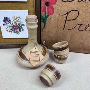 Vintage Decanter & Small Cups Pottery Craft Drinkware Barware Set of 4 Pieces Sandstone Pottery USA Made