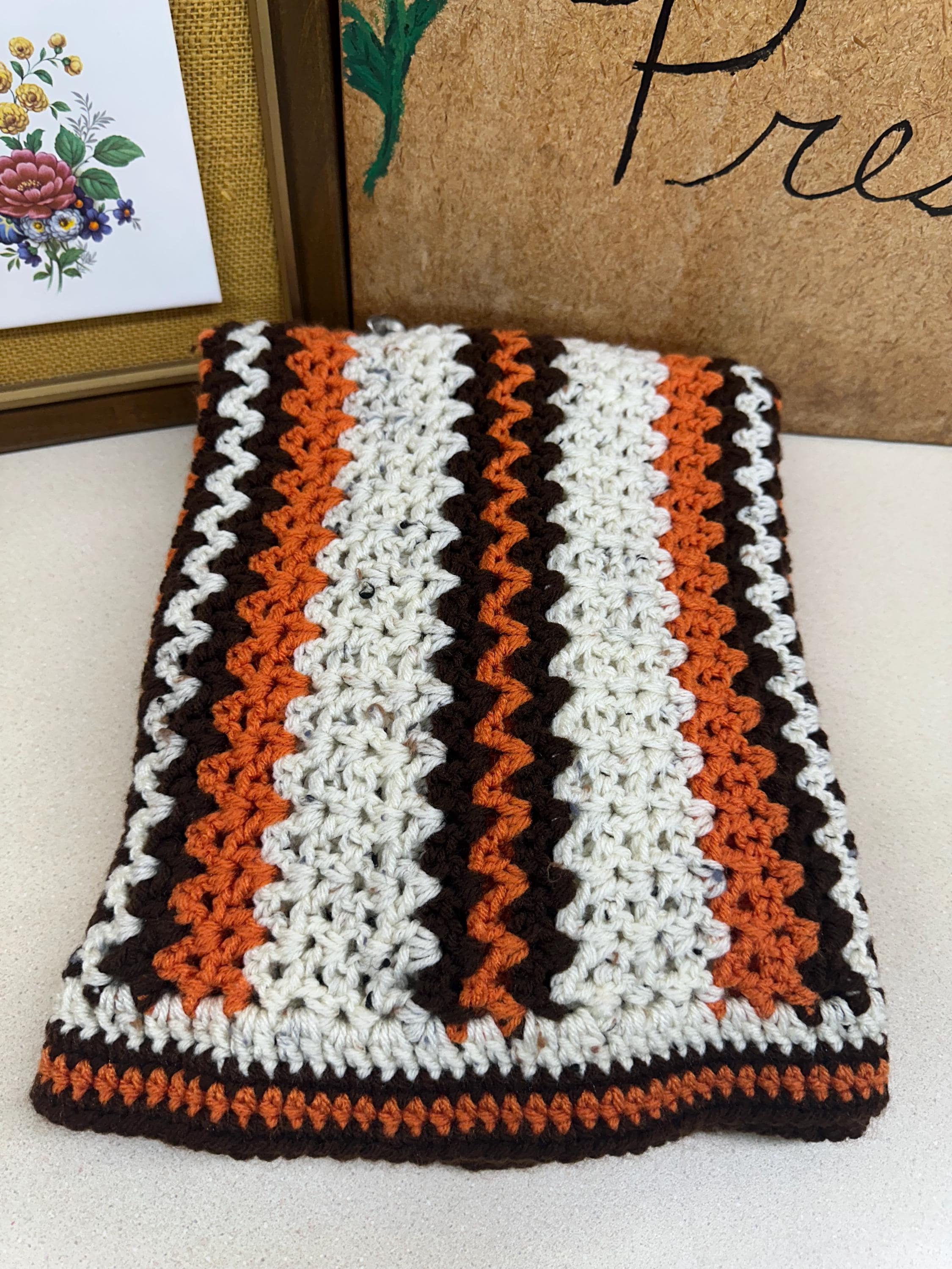 Vintage Afghan Handmade Lap Blanket: Retro Orange Green Brown