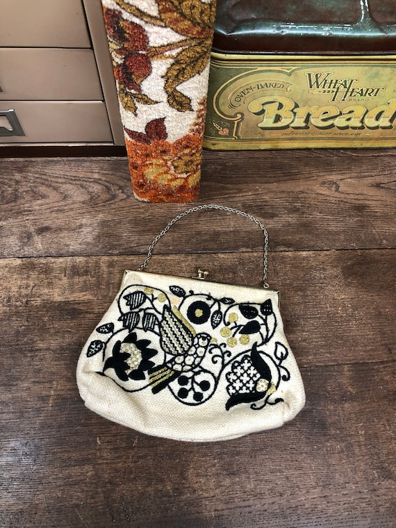Vintage Handbag Purse Bird Black and Gold