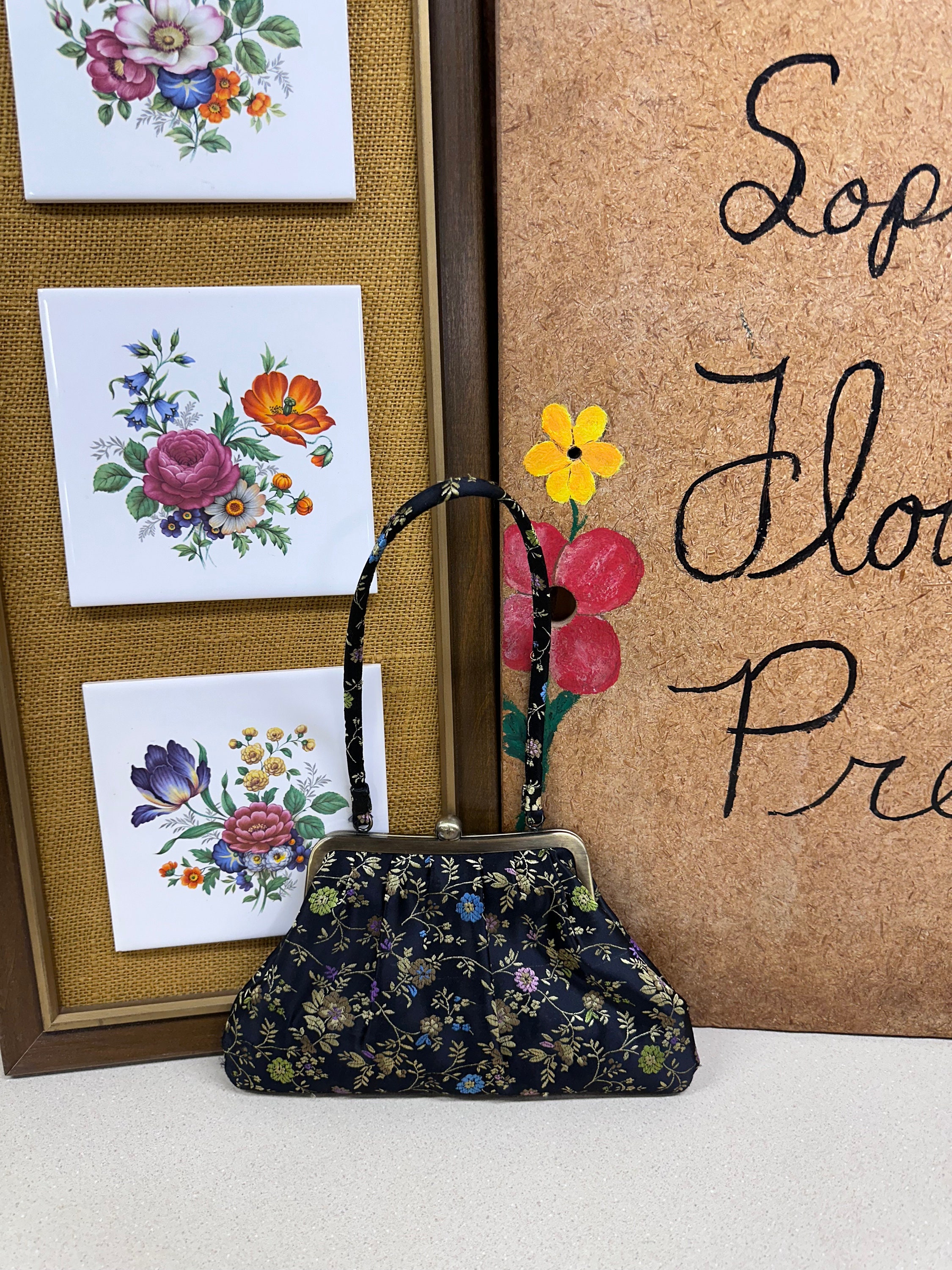 Vintage Purse Black Floral Shoulder Bag Retro Floral