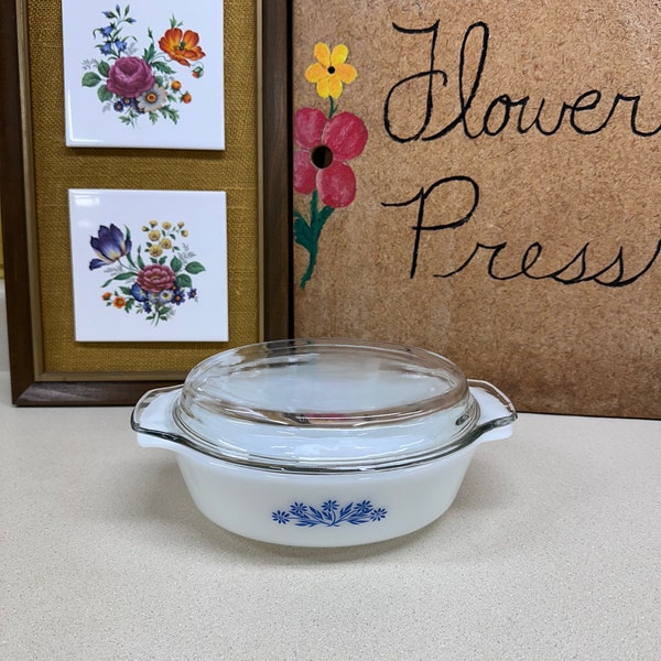 Vintage Casserole Dish with Lid Anchor Hocking USA Blue Flowers Blue Floral 1 1/2 Quart #433