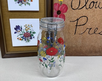 Vintage Jar with Lid France Flowers Red Blue Green Wildflowers 2 Liters