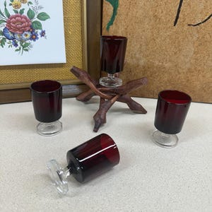 Vintage Ruby Red Small Shot Glasses: Set of 4 French Shot Glasses