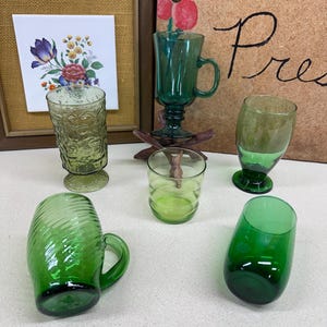 Vintage Drinking Glasses Water Glasses Tumblers Retro Greens Mismatched Set of 6