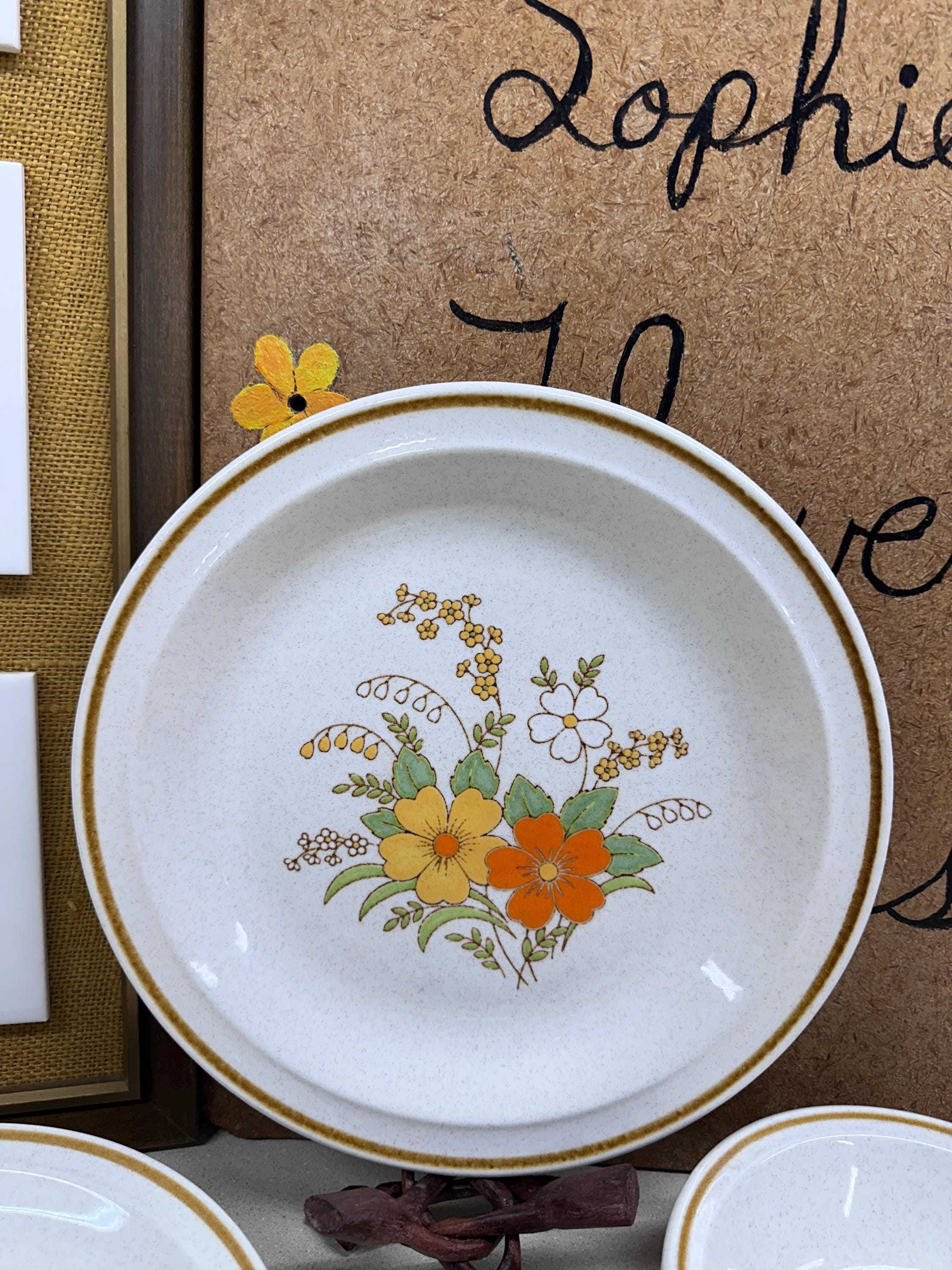 Vintage Japan Stoneware Plates: Orange Floral Dinnerware, JC