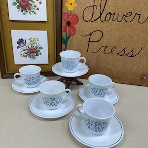 Vintage Teacups & Saucers Corelle Corning Coffee Cups Corning Ware USA Blue Heather Set of 5 Cups Saucers