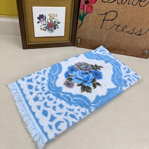 Vintage Bath Towel Blue Purple Floral USA Made Retro Bathroom Decor