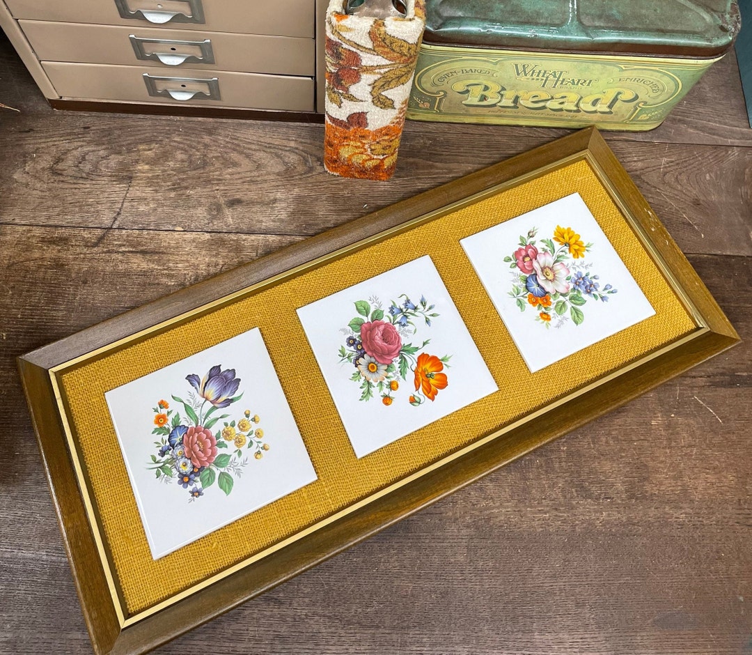 Vintage Wall Decor Floral Wood Frame Ceramic Tiles Soriano Etsy