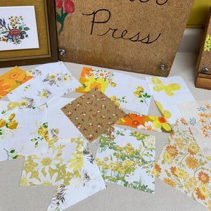 Vintage Scrap Fabric Bundle Material Sampler Sheets Linens Small Craft Projects Journal Scrapbooking Patterns Orange Yellow Green Bundle