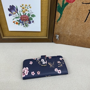 Monedero vintage, monedero, monedero, compartimentos con cremallera, tarjeta de información, azul marino, rosa, tostado, floral