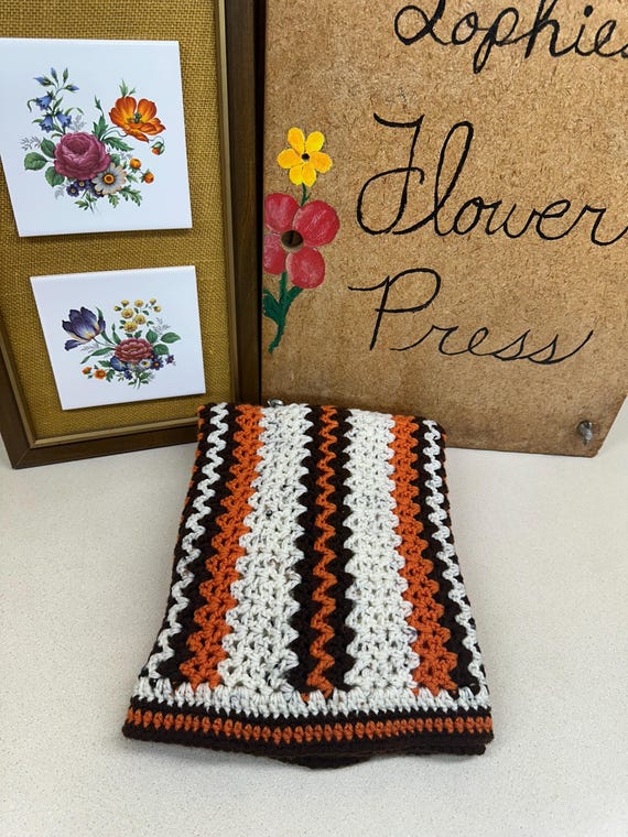 Vintage Afghan Handmade Lap Blanket: Retro Orange Green Brown