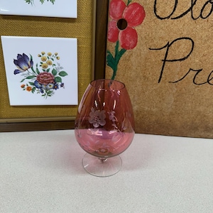 Vintage Cranberry Glass Vase: Etched Floral Design, Cottagecore Decor