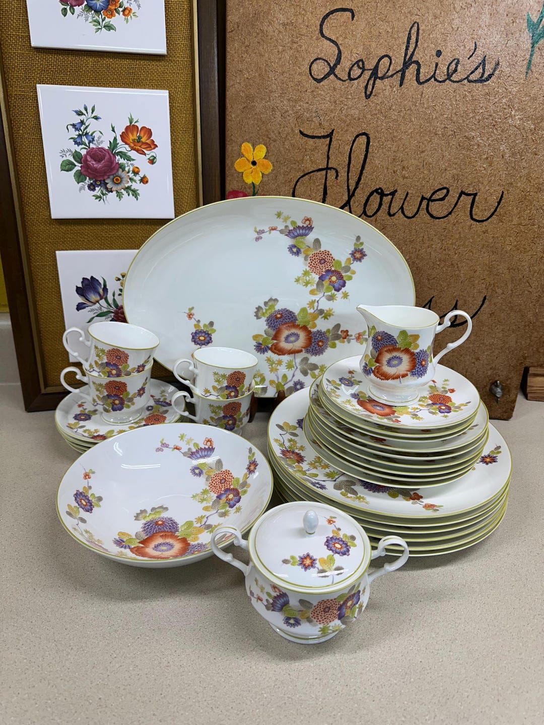 MIKASA BONE CHINA 食器セット 花柄 Vintage Mikasa Peony Bone China Plates, Creamer, Sugar, Platter