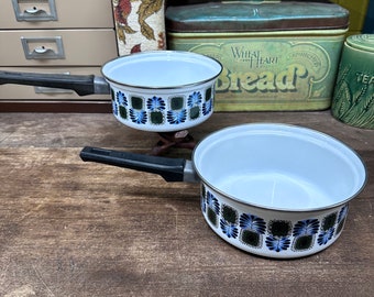 Vintage Pans Pots Sauce Pans Retro Kitchen Mid Century Kitchen Austria Blue Green Set of 2 Enamelware