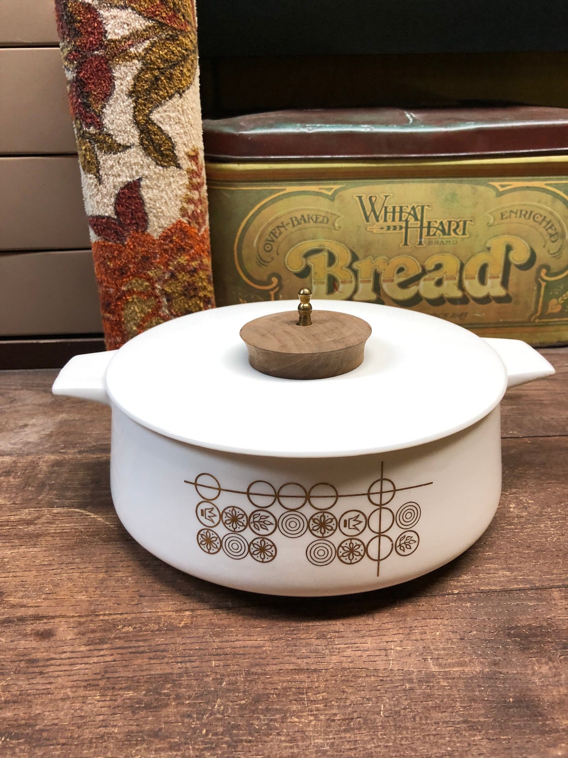 Vintage Casserole Dish USA 22 Kt Gold Wood Lid Mid Century Etsy