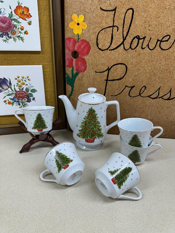 Buy Vintage Christmas Tree Tea Kettle Set: Stoneware Teapot Cups