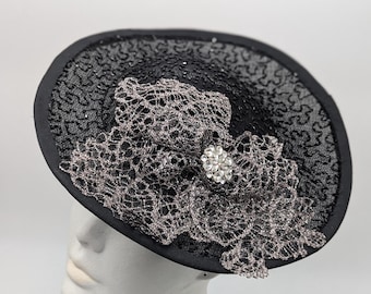 BLACK EVENING HAT, Sparkly Cocktail Hat, Silver Lace and Beaded Saucer