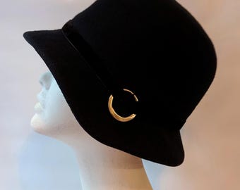 Black Velour  Felt Cloche, Hand Made Hat,  Couture Design