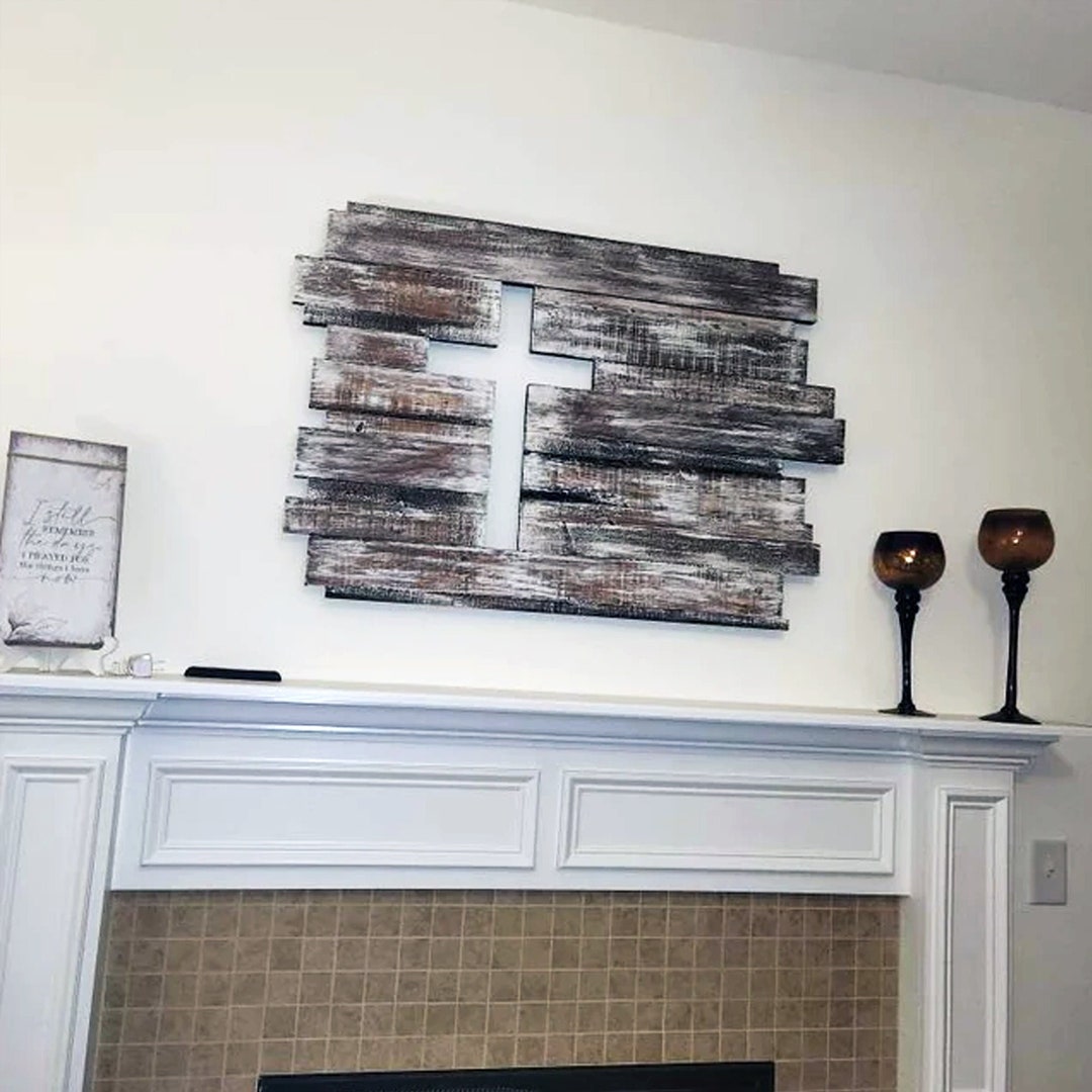 Large Wood Cross Wall Decor, White Distressed Wood Cross Wall Art
