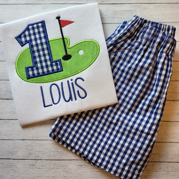 Hole in One Birthday Outfit, Hole in One Birthday Shirt, Golf Birthday Outfit, Golf Birthday Shirt, Light/Navy Blue Gingham Shorts/Pants