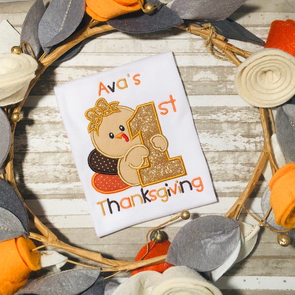 First Thanksgiving Shirt, Embroidered 1st Thanksgiving Shirt for Girls,  Thanksgiving Outfit for Girls, Baby Girl's First Thanksgiving