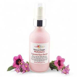 a bottle of liquid sitting next to a flower