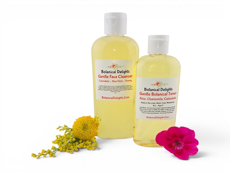 Gentle Botanical Skincare, Facial Cleanser, Botanical Moisturizer and Botanical Toner - Calendula, Aloe Vera, Skincare Set, Sensitive Skin Wash & Toner