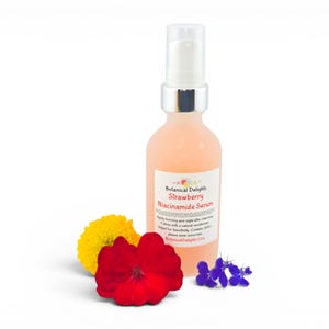 May include: A peach-colored serum bottle with a white label that reads "Botanical Delights Strawberry Niacinamide Serum." The bottle is next to a yellow flower, a red flower, and a cluster of small purple flowers. The bottle has a silver pump.