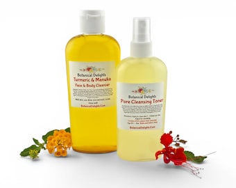 Turmeric Manuka Honey Cleanser & AHA Pore Cleansing Toner Set, Natural Botanical Skincare, Handmade Facial Care Duo