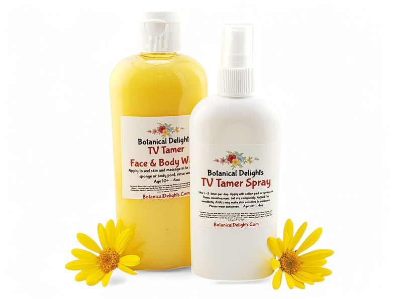 May include: Two bottles of TV Tamer face and body wash and spray by Botanical Delights. The wash is in a clear yellow bottle with a white cap. The spray is in a white bottle with a white spray nozzle. Both bottles have a yellow flower in front of them.