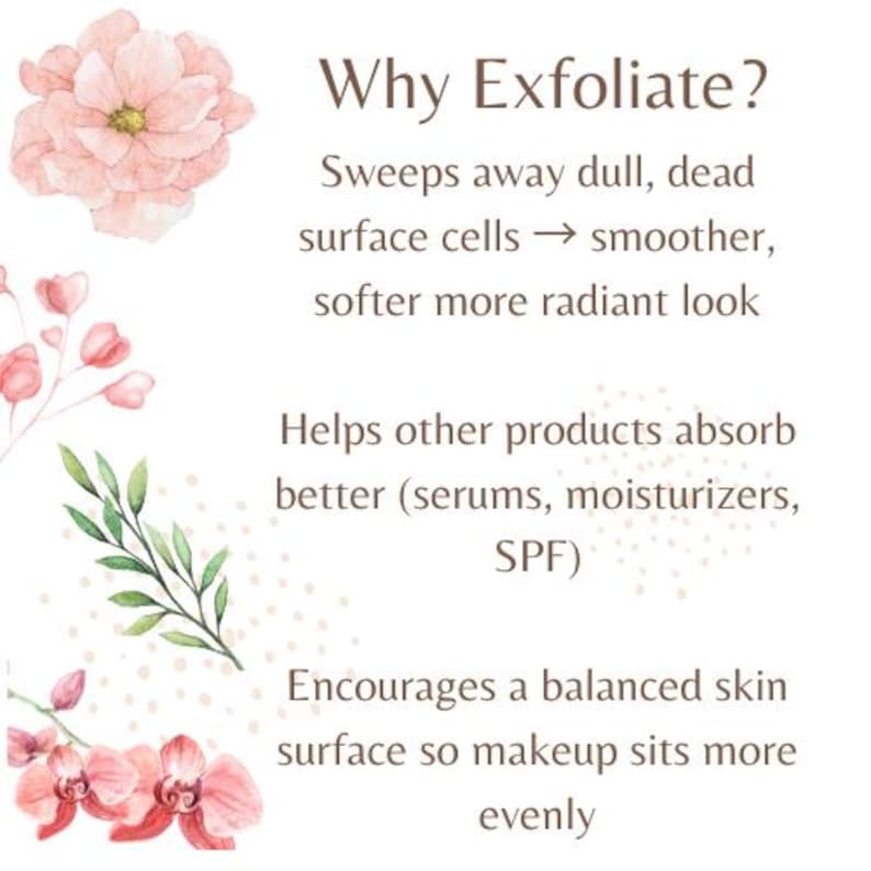 May include: A light beige graphic with the text "Why Exfoliate?" and bullet points explaining the benefits of exfoliation. Floral illustrations in pink and green decorate the corners of the image.