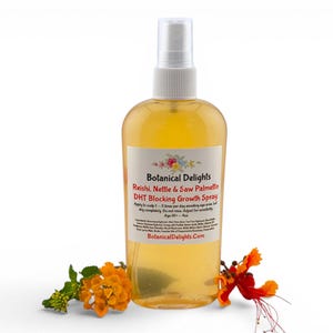 a bottle of Botanical Delights Reishi Nettle & Saw Palmetto Growth Spray surrounded by orange flowers.