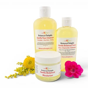 Gentle Botanical Skincare, Facial Cleanser, Botanical Moisturizer and Botanical Toner - Calendula, Aloe Vera, Skincare Set, Sensitive Skin All Three Products