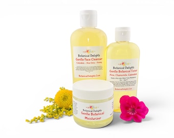 Gentle Botanical Skincare, Facial Cleanser, Botanical Moisturizer and Botanical Toner - Calendula, Aloe Vera, Skincare Set, Sensitive Skin