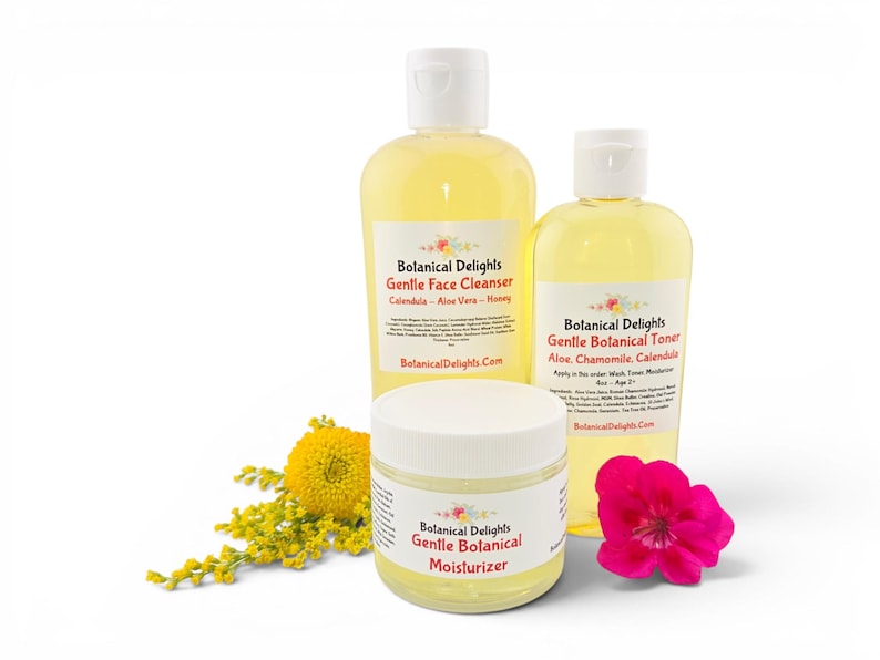Gentle Botanical Skincare, Facial Cleanser, Botanical Moisturizer and Botanical Toner - Calendula, Aloe Vera, Skincare Set, Sensitive Skin All Three Products