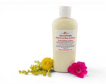 May include: A bottle of Botanical Delights AHA Post Wax & Shave Exfoliating Lotion with a white cap and label. The label includes text and floral graphics. Yellow and pink flowers are arranged near the bottle.