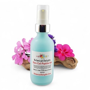 May include: A light blue bottle of Botanical Delights Stem Cell Peptide Gel with a silver cap and pump. The bottle is surrounded by pink and purple flowers and a piece of wood. The label includes the brand name and product details.