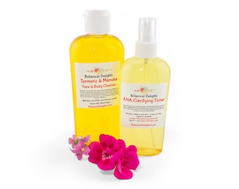 Turmeric Manuka Honey Cleanser and AHA Clarifying Toner, Natural Skincare for Clear Skin