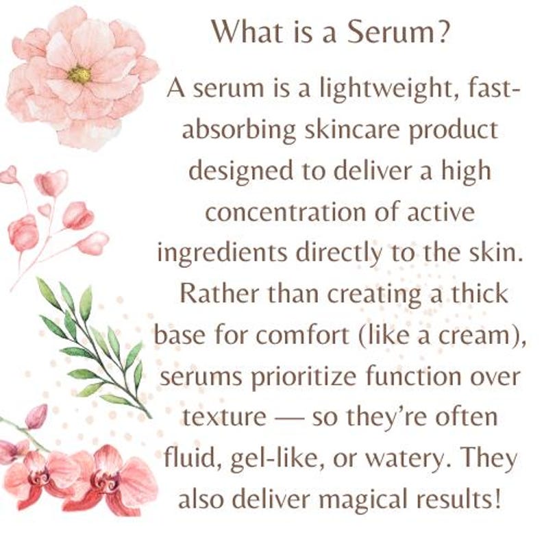 The image is a text-based illustration that provides information about serums, including their definition, purpose, and benefits.