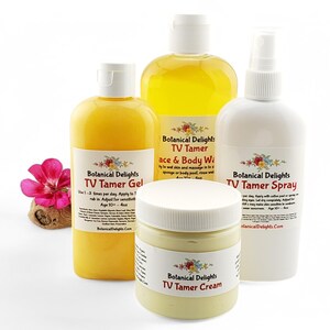 May include: Four bottles of yellow and white liquid with labels that read "Botanical Delights TV Tamer Gel", "Botanical Delights TV Tamer Face & Body Wash", "Botanical Delights TV Tamer Spray", and "Botanical Delights TV Tamer Cream".