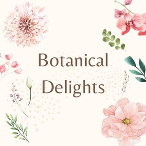 The image is a collage of various floral and botanical elements, including a large pink flower, smaller pink flowers, leaves, and a text overlay that reads "Botanical Delights".