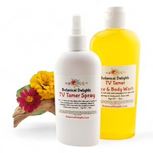 May include: Two white bottles with yellow liquid inside. The bottles are labeled "Botanical Delights TV Tamer Spray" and "Botanical Delights TV Tamer Face & Body Wash".