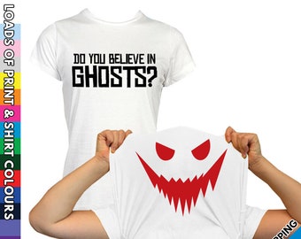 Damen glauben Sie an Geister pull up Halloween T Shirt • beängstigend Horror Party Tshirt • Gesicht gedruckt T-shirt • Mädchen Trick oder behandeln Top