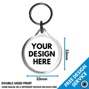 Può includere: Un portachiavi in plastica trasparente con un'area rotonda di 33 mm di diametro, stampabile su entrambi i lati. Il portachiavi è dotato di un anello in metallo argentato e il testo "YOUR DESIGN HERE" stampato sul davanti.