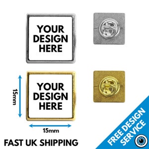 15mm Metal Lapel Pin Badges • Personalised Square Button Badge • Hen & Stag • Charity Wedding Club • Design Photo Text • Free Design Service